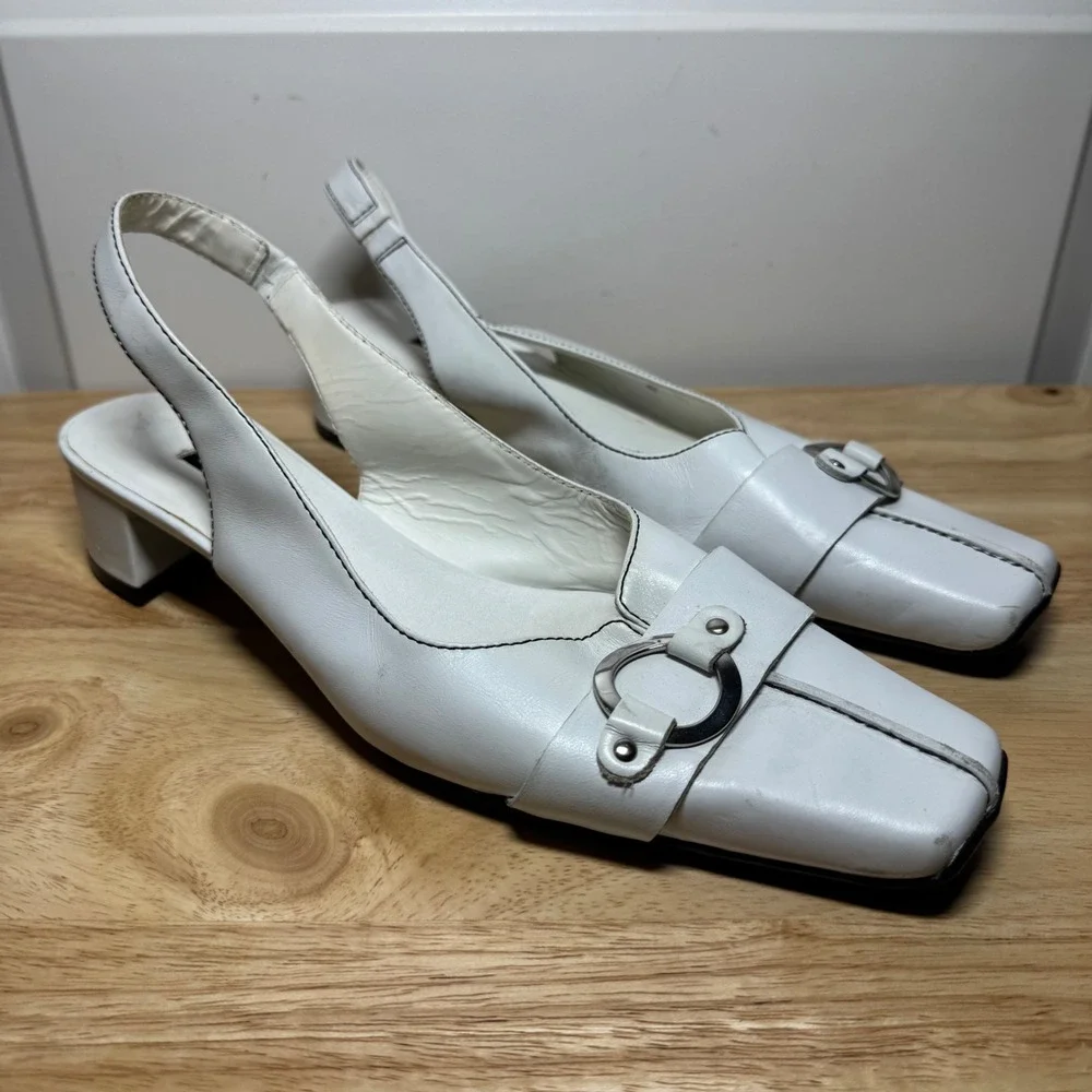 Ecco Womens White Leather Square Toe Slingback Block Heels Silver Buckle Size 40
